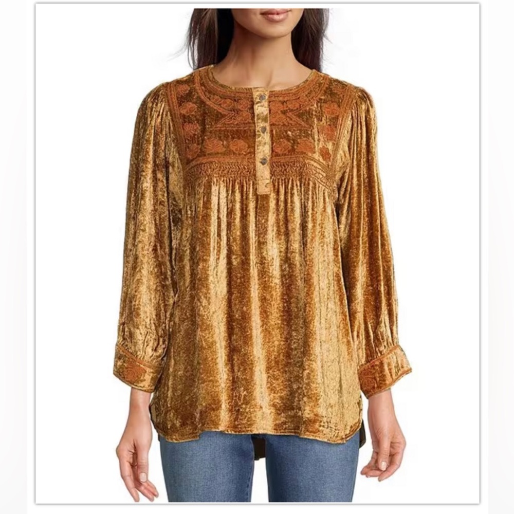 Tru Luxe Jeans Tonal Embroidered Washed Velvet 3/4 Sleeve High-Low Hem Top/XL